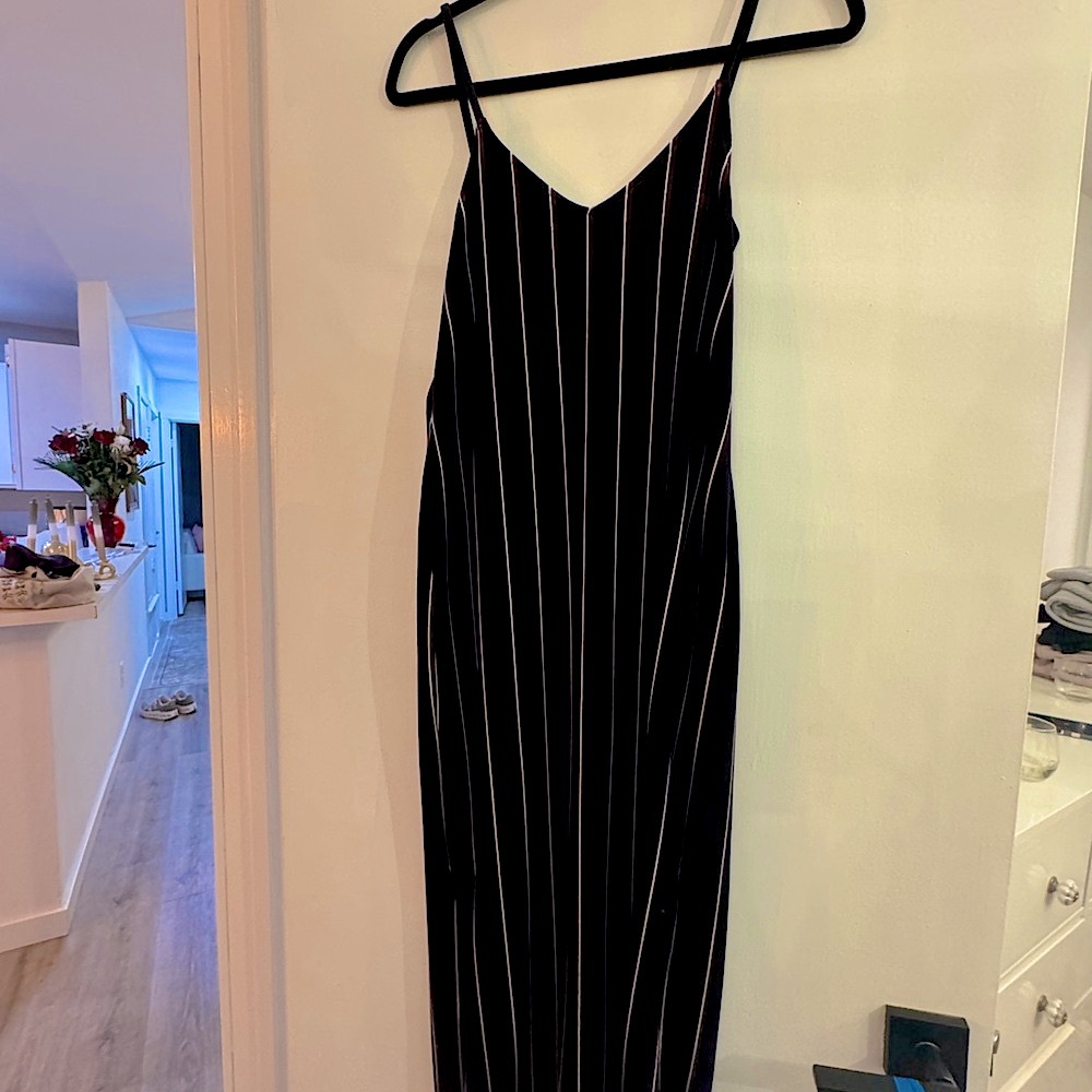 Leith Velvet Black + White Striped Slip Midi Dress